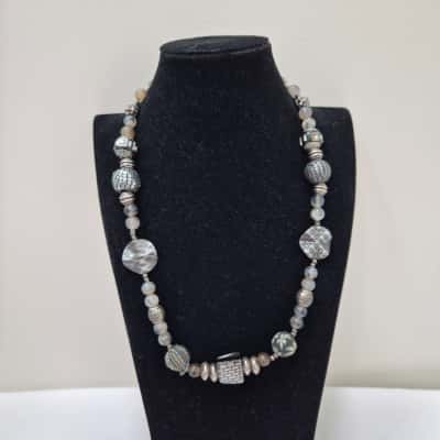  Womens Fashion Necklace Grey Glass/Metal Beads