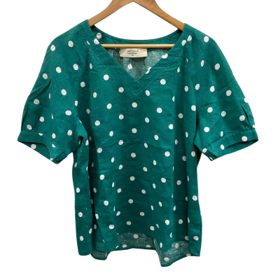 Jacqui-E Women’s Size 16 Short Sleeve Top Green / Polka Dot / White 