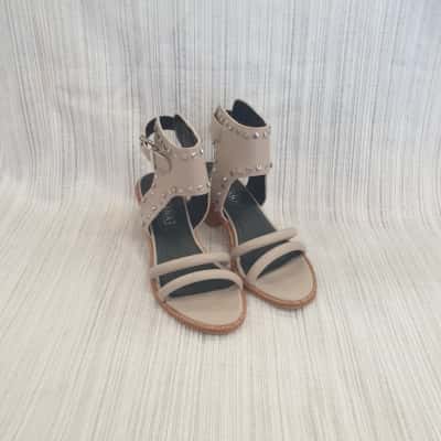 Sol Sana Beige/ Diamante & Silver Tone Studs with Buckle Strap Ankle Strap /Block Heel Sandals Size 39 