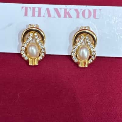  Women's Gold Tone Faux Pearl & Rhinestones Stud Earrings 