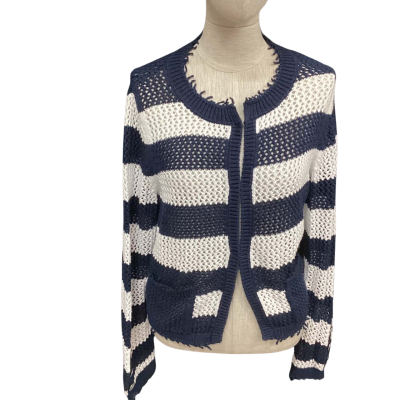 Monari -  Womens  Size 38 Button-down Crochet Look Cardigan Navy Blue / Striped / White 
