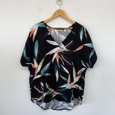 Country Road Black Pattern Short Sleeve Blouse Top  Size 16 