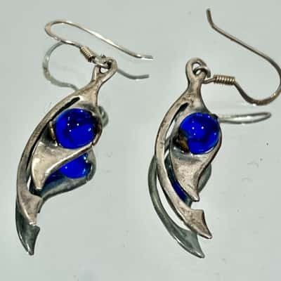  Boho Handcrafted Silver Blue Ball Silver Earrings 