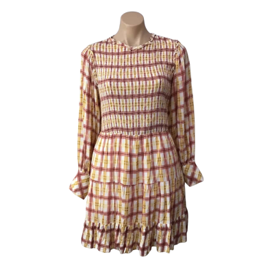Bohemian Traders Womens Size S White / Pink / Yellow / Mustard Check Long Sleeve Dress 