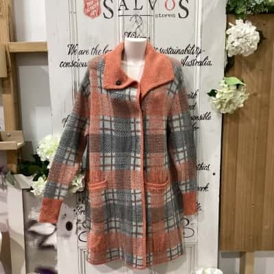 Ld+co Melbourne Brand! BNWT RRP $199.00! SUNRISE COMBO COLOUR STRIPED PLAID PATTERNED LONGLINE CARDIGAN! BNWT LAMBSWOOL BLEND! Womens  Size L Button-down Cardigan / Longline Cardigan Checked / Grey / Orange / Pattern 