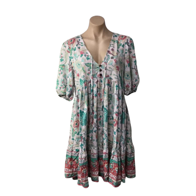 Dreamcatcher Womens Size 10 / M Pink / Coral / Turquoise / Beige pattern Short Sleeve Mini Dress 