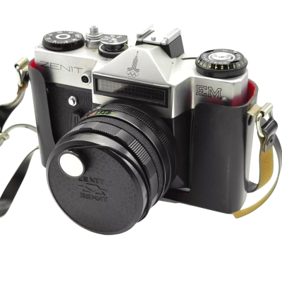 Highly Collectable Vintage Zenit EM - 1980 Moscow Olympic Version +Helios 44M 58mm/f2 Lens Plus Tasman Auto 135mm f/2.8 Lens 7 Large Canvas Shoulder Bag (needs clean) With Filter Mixed Accessories