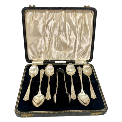 Vintage Art Deco Spoon & Tong Boxed Set Made In England 