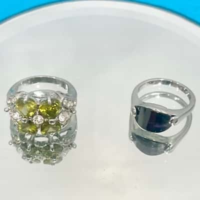 Silver Green Gemstone:Diamonte & Deep Purple Gemstone Ring 