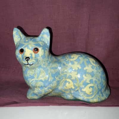 Linda Edgington Designs - Handmade Pottery Cat - SITTING BLUE AND YELLOW