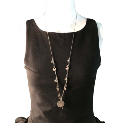  Womens long silver Necklace with charms Black  / Silver 
