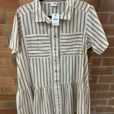 Cotton On Womens  Size XL Bronzed Camel Stripe Mini Shirt Dress 