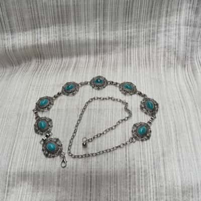 Elegant & Feminine / Antique Style Marble Turquoise Stone/ Ornate Silver Tone Design /Metal /Link Chain Belt