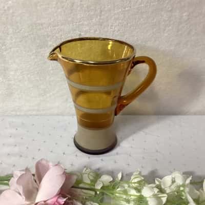Vintage Art Deco Amber Glass Pitcher with Frosted Stripes & Gold Trim 