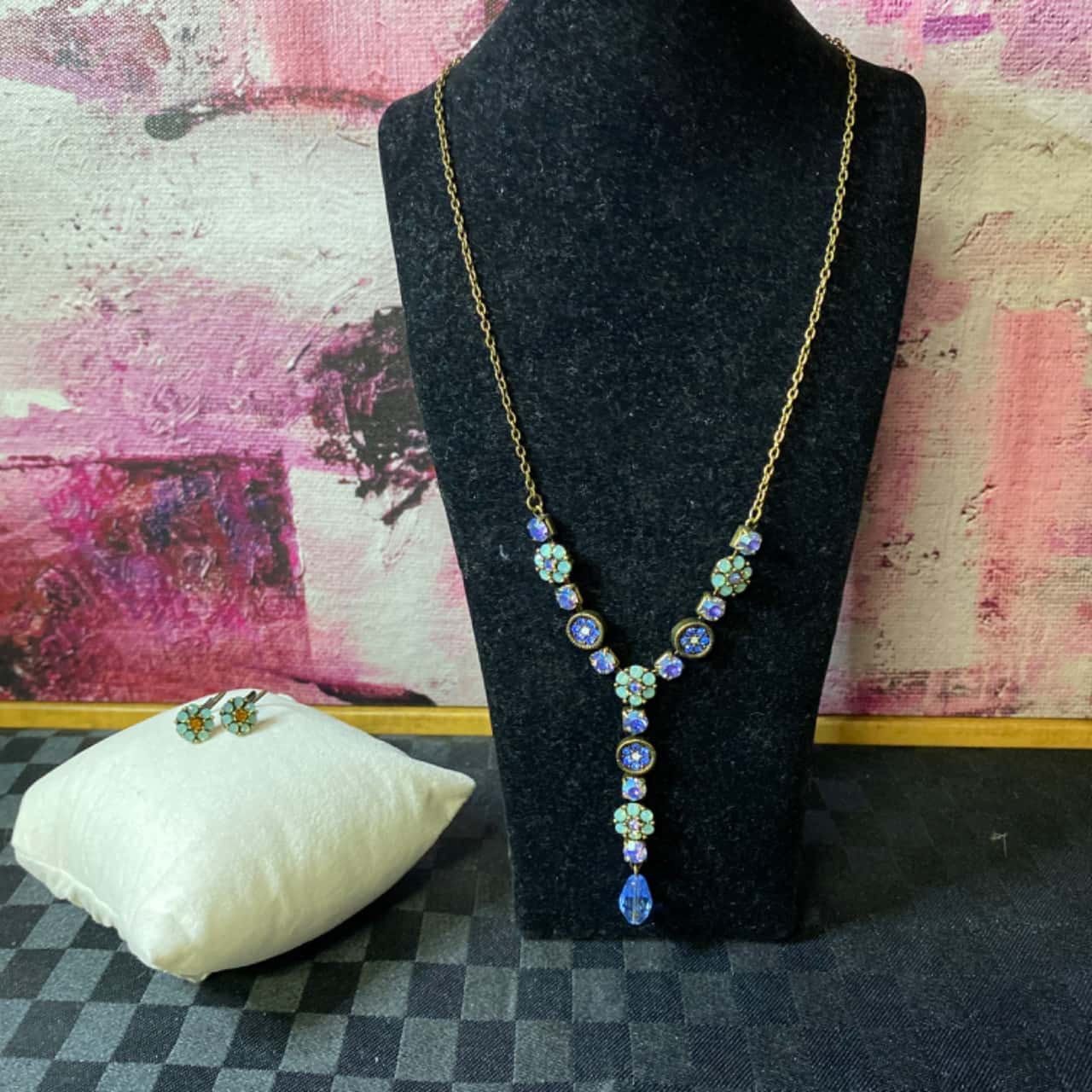 Gold, Costume Jewellery Set, Blue Coloured Stones, Necklace+ Earrings,(s)