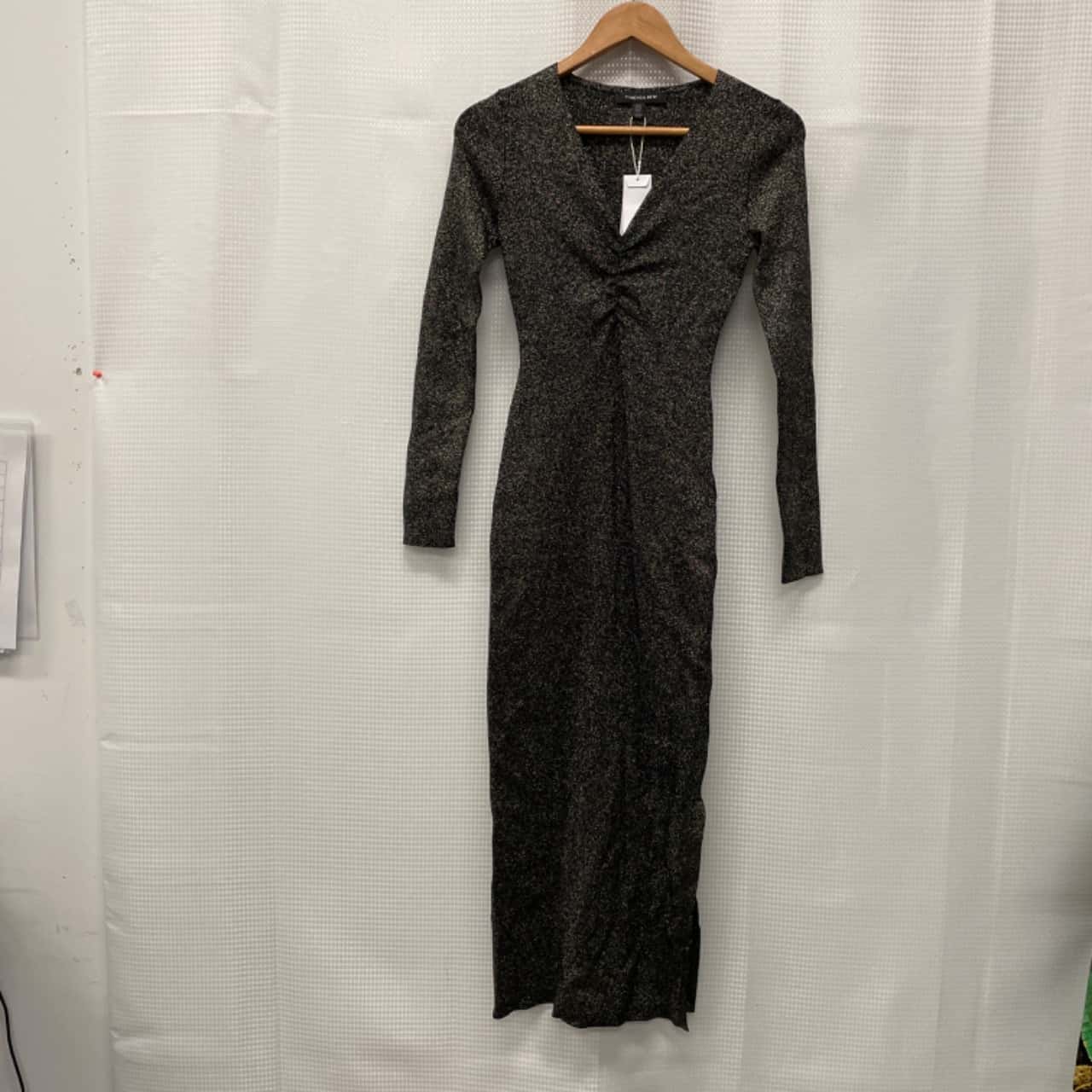 slim fit dress slacks Ruched Black Long Sleeve Sequin Prom Dress With Slit