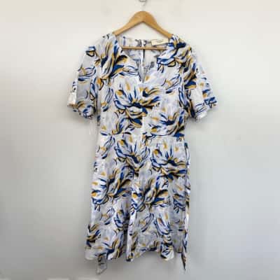 Jacqui-E White Blue Yellow Pattern Short SLeeve Linen Mini Dress Size 18 