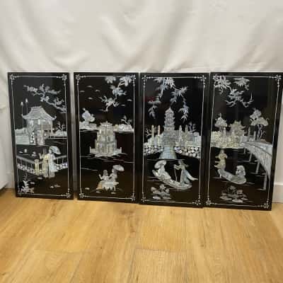 Antique Wall Panels Mother Of Pearls Black Lacquer Set Of 4