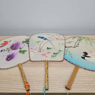 Set of 3 Vintage Uchiwa Hand-Painted Silk Fans
