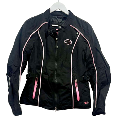 Harley Davidson Black Motorbike Riding Jacket Pink Trim Size M