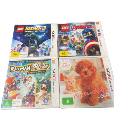 4x Nintendo 3DS Games – Avengers, Batman 3: Beyond Gotham, Nintendogs + Cats, Rayman Raving Rabbids (Family Pack)