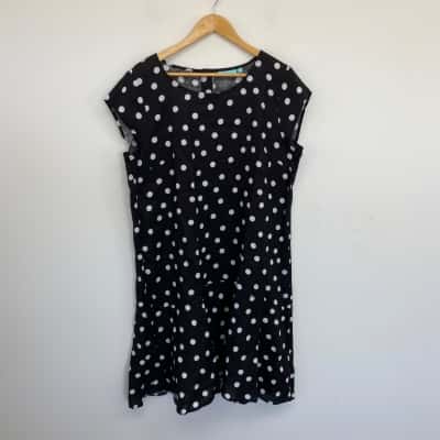 Blue Illusion Black Polka Dot French Linen Sun Dress  Size XL 