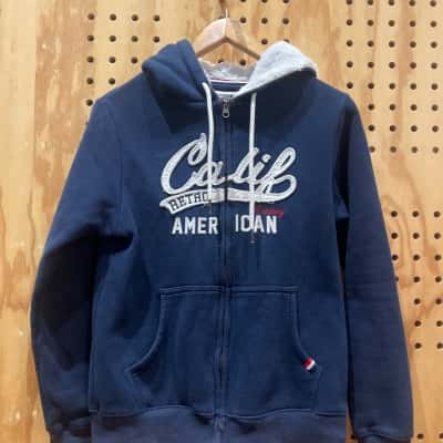 Vintage American Retro Navy Blue Zip-Up Hoodie Size S