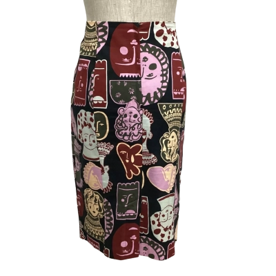 Gorman Faces  Size 12 Pencil Skirt Black  / Maroon / Pink  