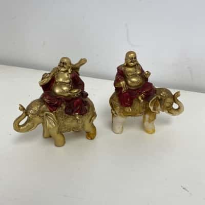 2 Laughing Buddhas On Elephants Statue 