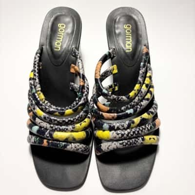  Gorman Size 38 (7-7.5) "Medussa's Heel" Strappy Sandals in a multicolored animal and snake-skin print design