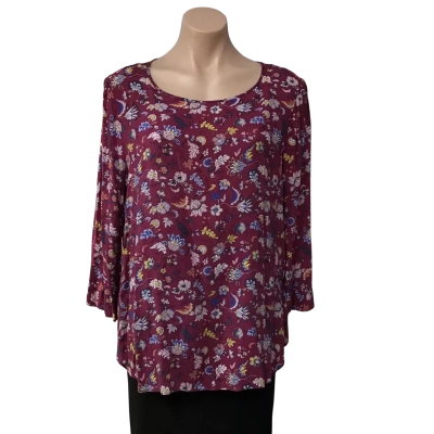 Sussan Womens Size 14 Burgundy Red / Multicoloured Pattern 3/4 Sleeve Top
