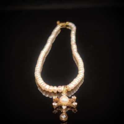 Beautiful 44cm Flat Oval Freshwater Pearl Necklace With Real Pearl & C.Z. Star Drop