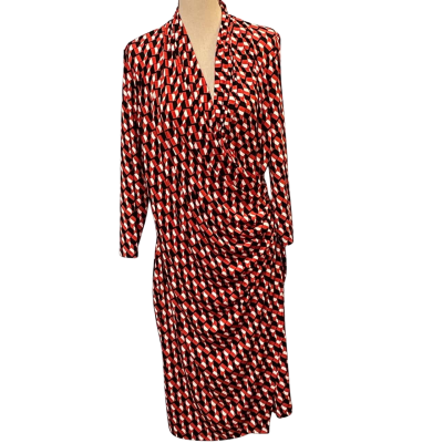 Jane Lamerton Womens Size 14 Long Sleeve/Midi/Short Sleeve/Wrap Dress Black/Burnt Orange/Pattern/White