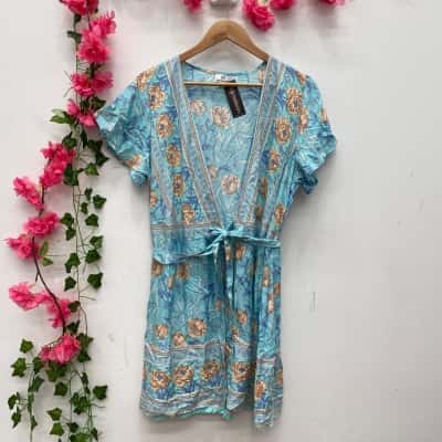 Karma Kameleon Womens Wrap Dress Size L Blue / Floral 