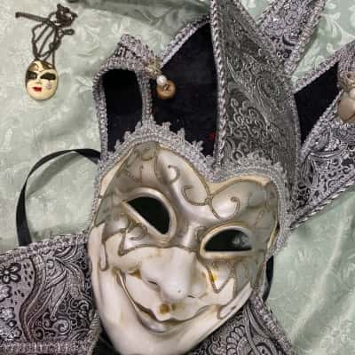 Silver and black Carnival mask and mask necklace 