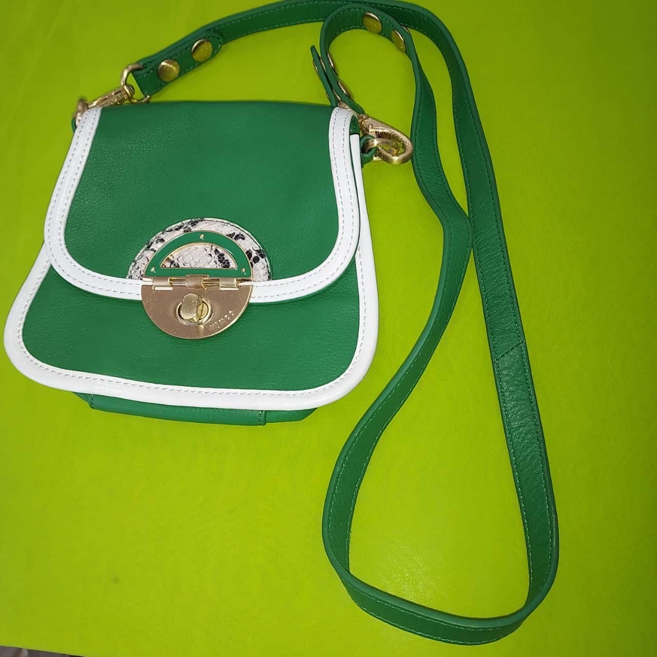 Mimco Gold Hardware Green Leather Cross body Handbag Snakeskin Aged