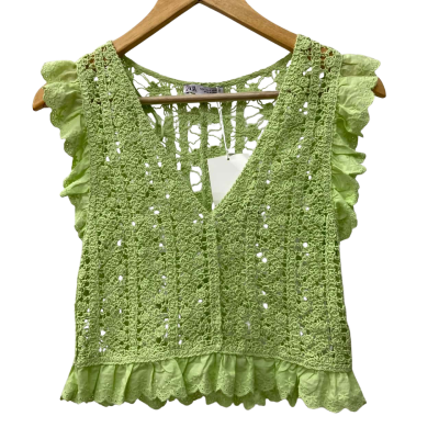 Zara - Women's Crochet Tank Top in a Soft Lime Green - Size S