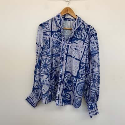 Lorraine Blue Pattern Long Sleeve Shirt  Size 16 