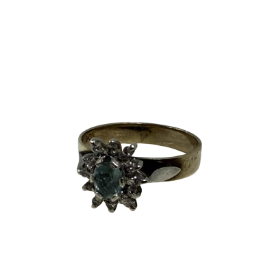 Vintage 9 ct. (375) Gold Dress Ring w/ Faceted Blue Topaz & 12 Small Real Diamonds (Size 7)