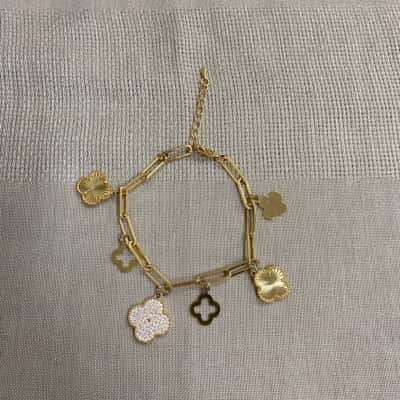  Womens Gold Tone Lucky Four Leaf Clover Bracelet 
