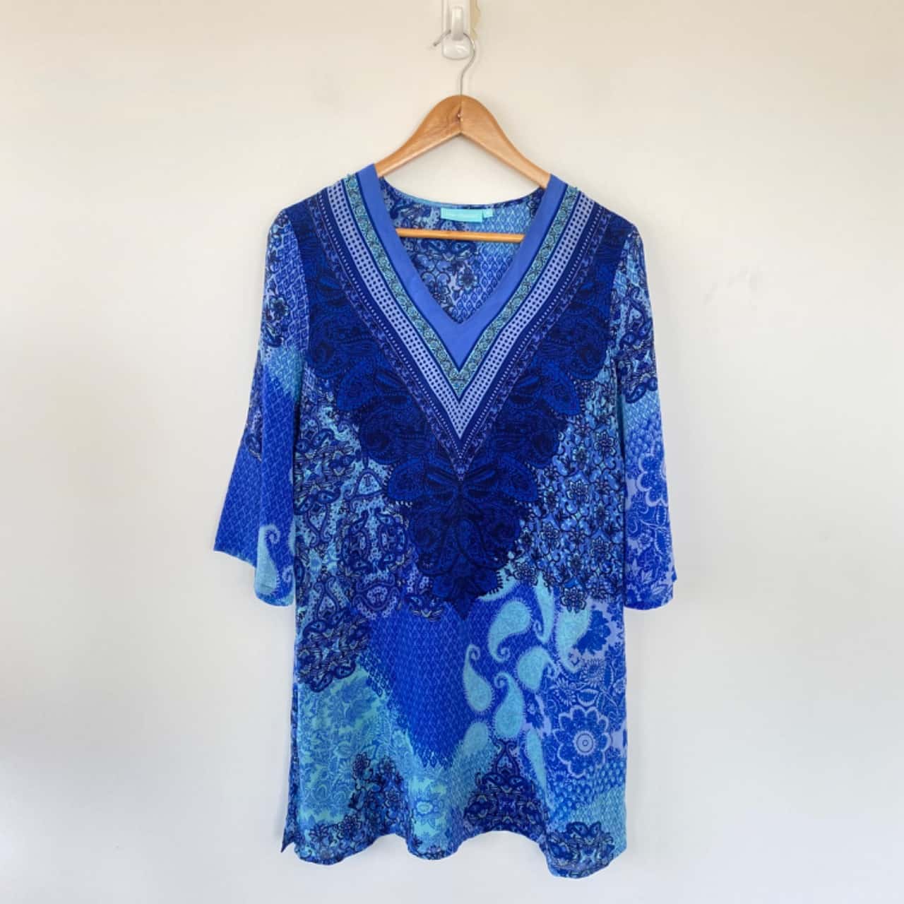 Blue Illusion Blue Embellished 100% Silk Long Sleeve Mini Dress Size M(s)