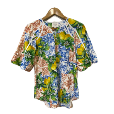 Once/Was Womens  Size 0 Flared Pants with shirt set white yellow green blue Floral 