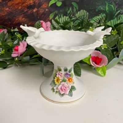 Made in Japan gorgeous vintage porcelain pedestal bowl with birds