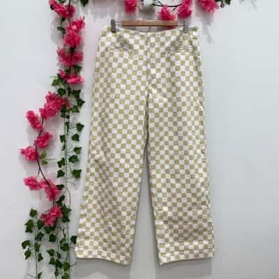 Holiday by Emma Mulholland Womens Kokomo Check Straight Leg Pants Size L Cream / White 