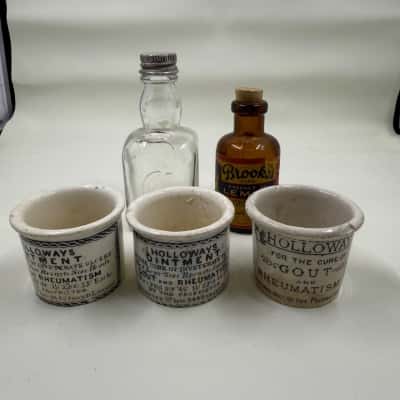 Three Holloway Ointment Pots and two Vintage Apothecary Bottles.  