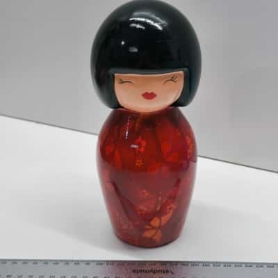 Kokeshi Doll Style Money Box Piggy Bank Red Kimono Butterfly Design Figurine 