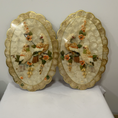 Vintage Pair Seashell Mosaic Bird & Floral Wall Plaques – 3D Shell Art