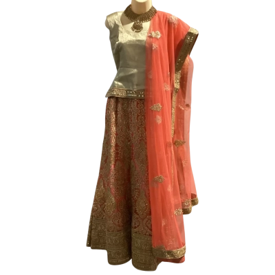  Indian Bridal Lehenga Set  Gold / Orange and Jewellery Set