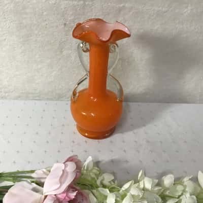 Bright Orange Glass Double Handled Vase with Ruffled Rim