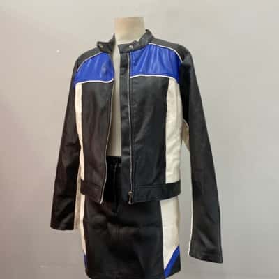 Ally  Womens Faux Leather Skirt Size 10 / Size L Jacket Black  / Blue / White 
